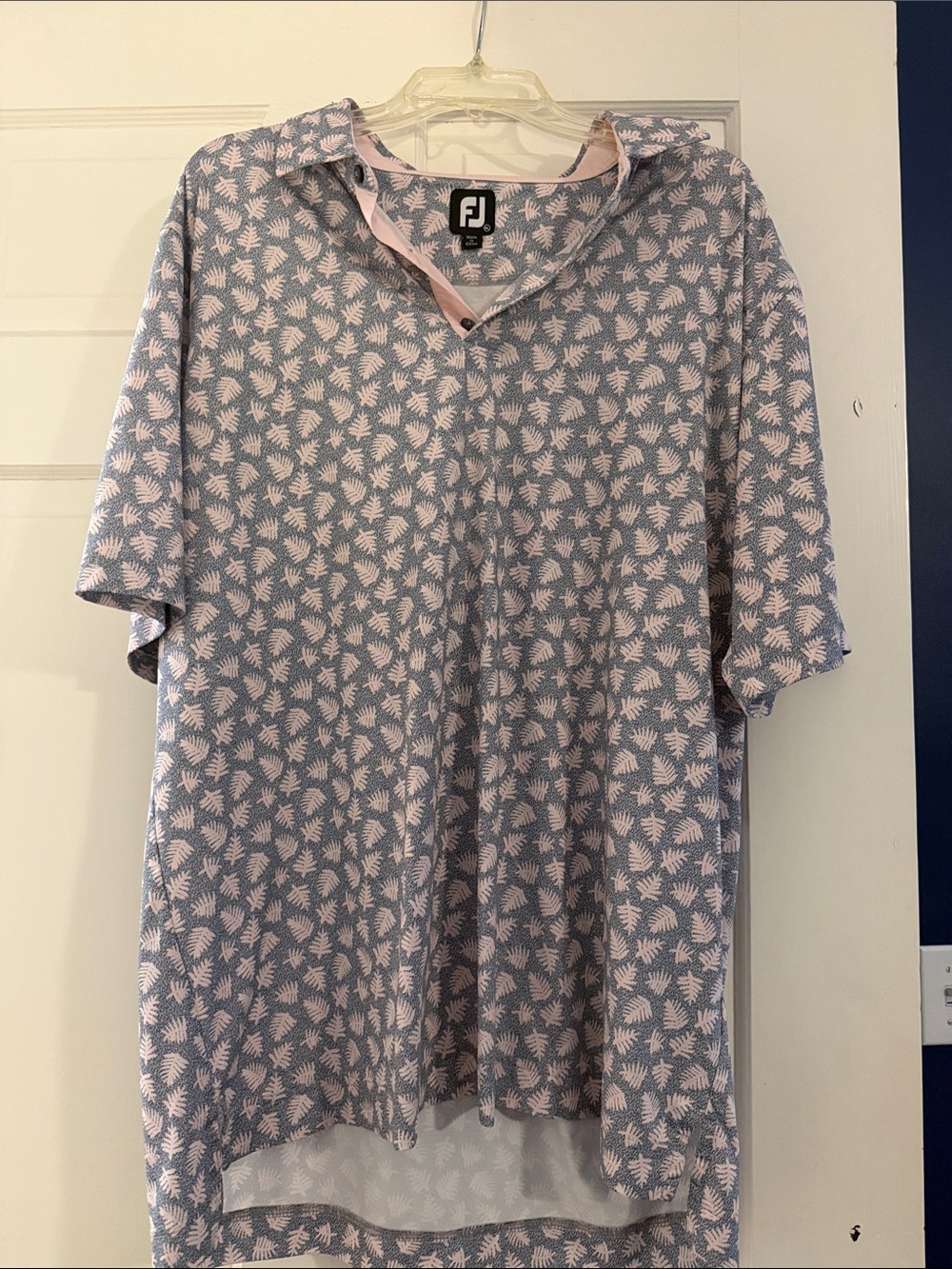FootJoy Men's Blue Polo with Pink Leaf Pattern